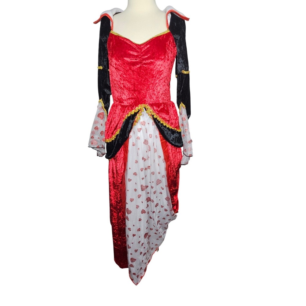Queen of Hearts Costume Dress Women's S M Red Velvet Gold Trim Halloween Cosplay